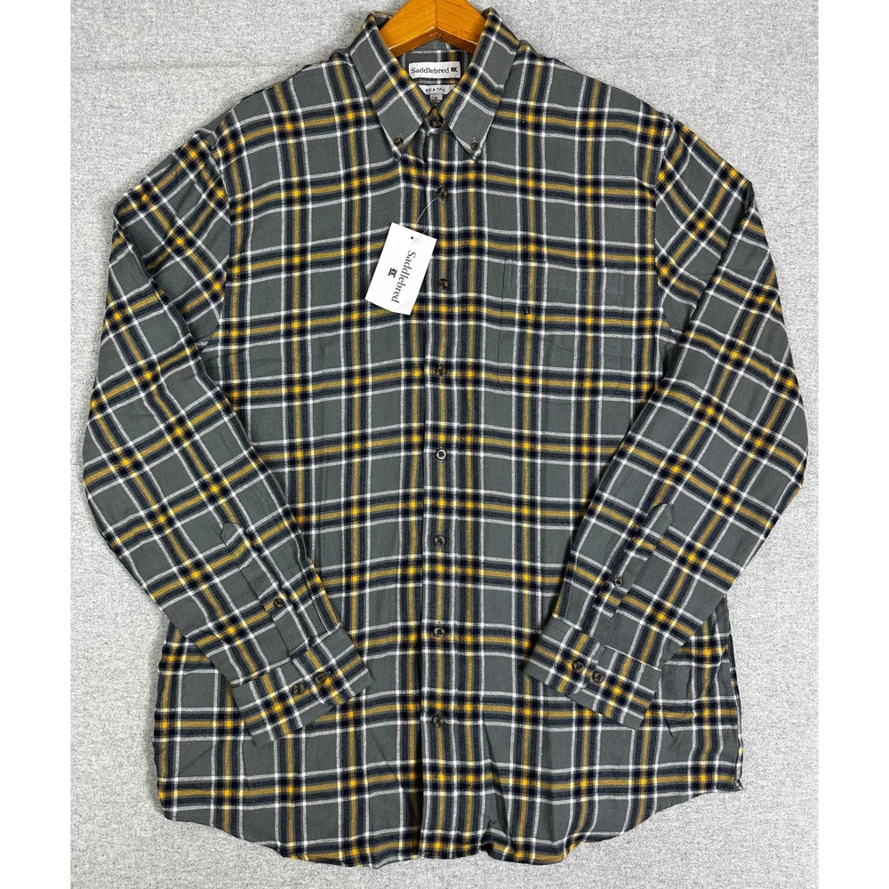NWT Saddlebred Flannel Shirt Mens LT Grey Yellow Plaid Button Down Big & Tall
